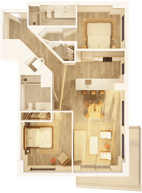 Floor plan for 2 beds, 2 baths, 1165 sqft